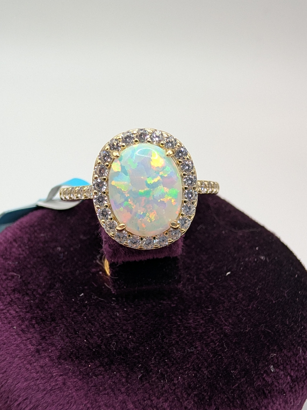 925 Sterling Silver Gold Plated White Opal & Halo Ring - Size 9
